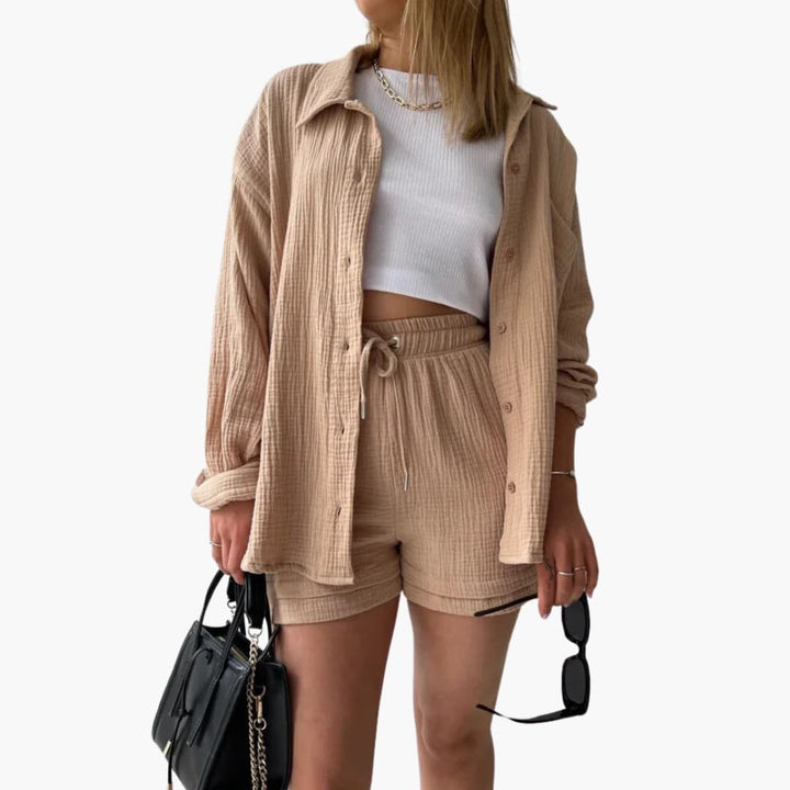 Women's casual three-piece set: button shirt, crop top & high-waist shorts. Perfect for summer.