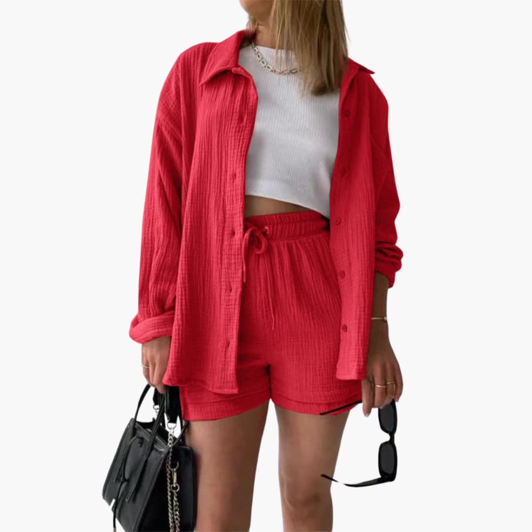 Women's easy-wear three-piece set: casual button shirt, simple crop top & pull-on high-waist shorts.