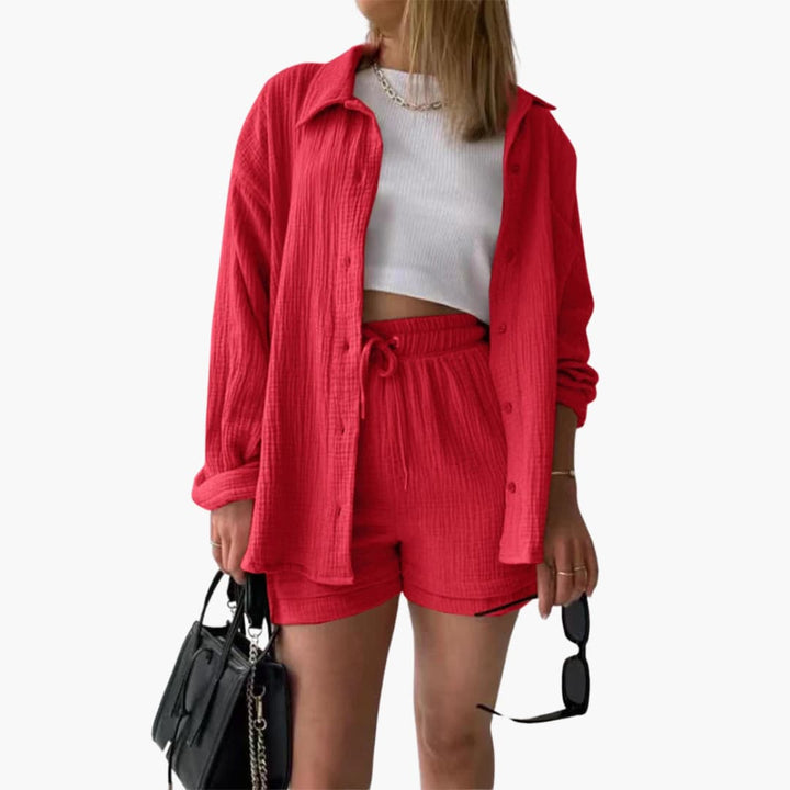 Women's easy-wear three-piece set: casual button shirt, simple crop top & pull-on high-waist shorts.