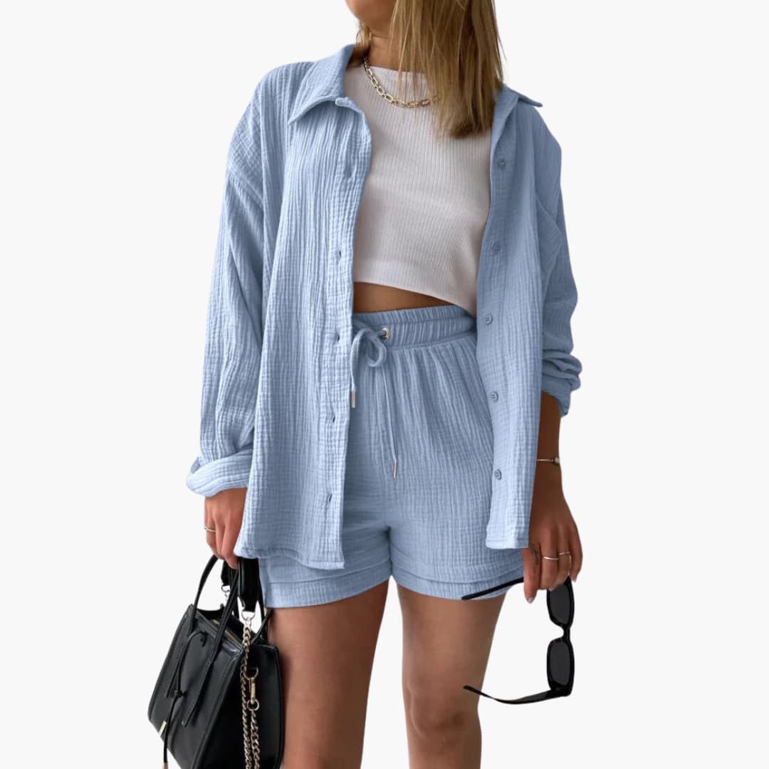 Women's summer three-piece set for a relaxed look: button-front top, cropped tank, and comfy shorts.