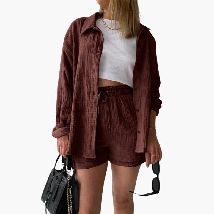 Women's chic three-piece set; casual button shirt, cropped camisole, and comfortable high-rise shorts.