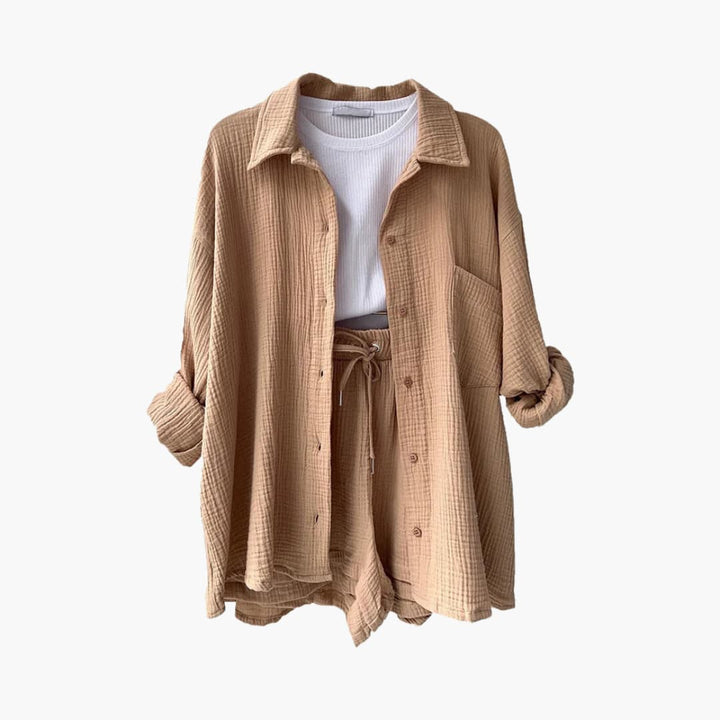 Cozy chic women's three-piece outfit. Includes button-front shirt, cropped top & comfy high-waist shorts.