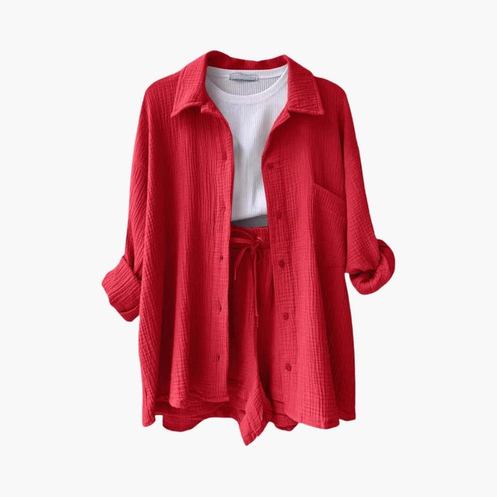 Women's matching three-piece casual set, featuring a button-down shirt, cropped cami, and comfy shorts.