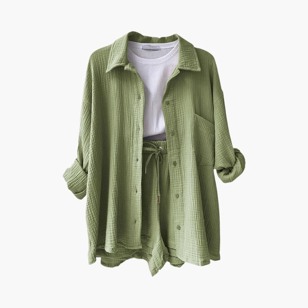 Relaxed fit women's three-piece summer set including a button-up shirt, cropped tank, and pull-on shorts.