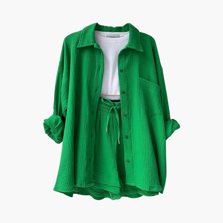 Women's versatile three-piece matching set: comfy button-front shirt, crop tank & high-waist shorts.