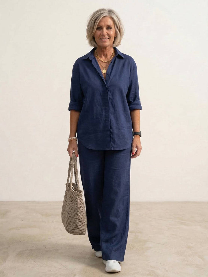 Women's casual two-piece set: button-down shirt & wide-leg pants. Perfect for daily wear.