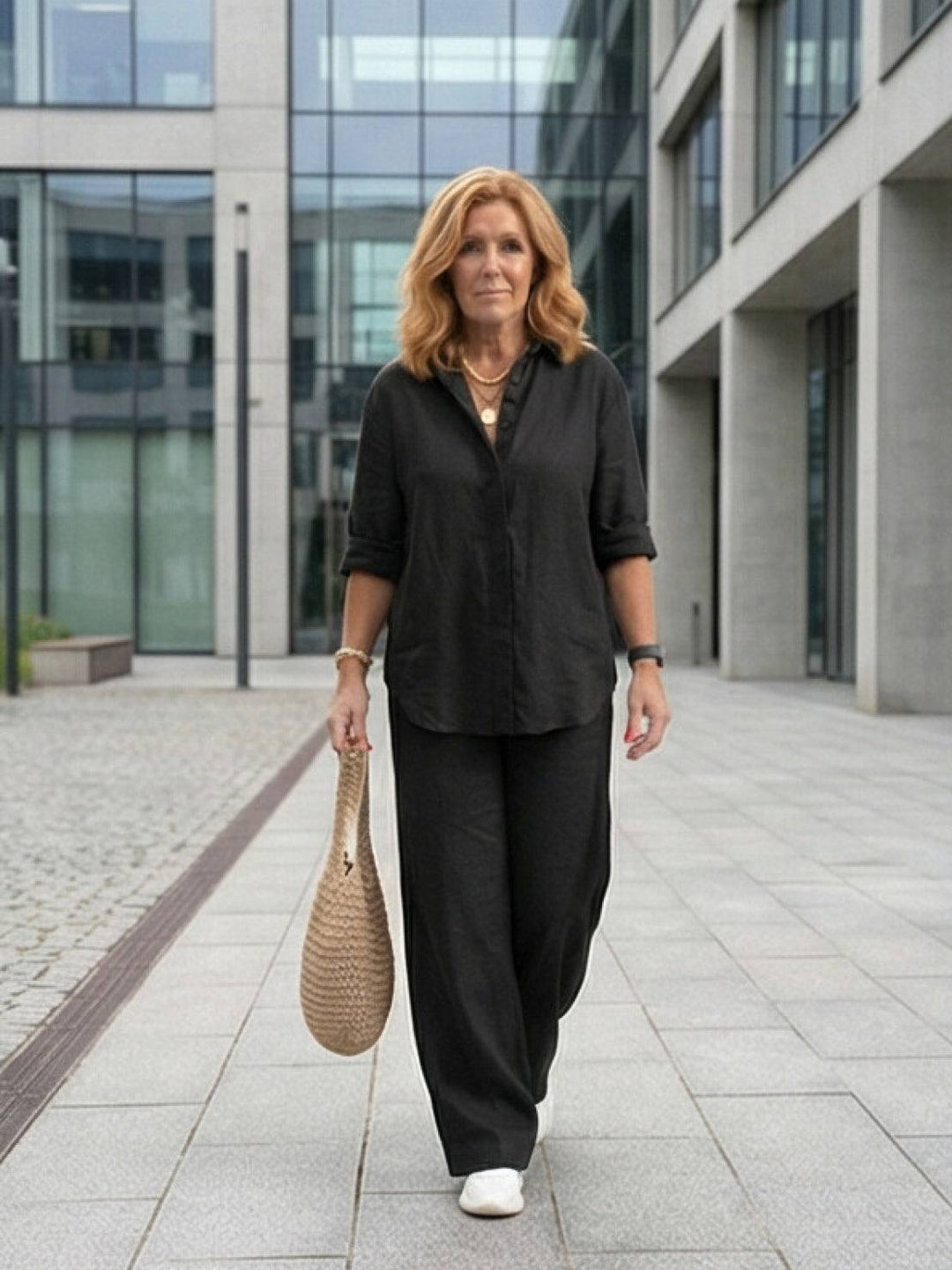 Daily wear women's two-piece outfit: comfy button-down shirt & wide-leg pants.