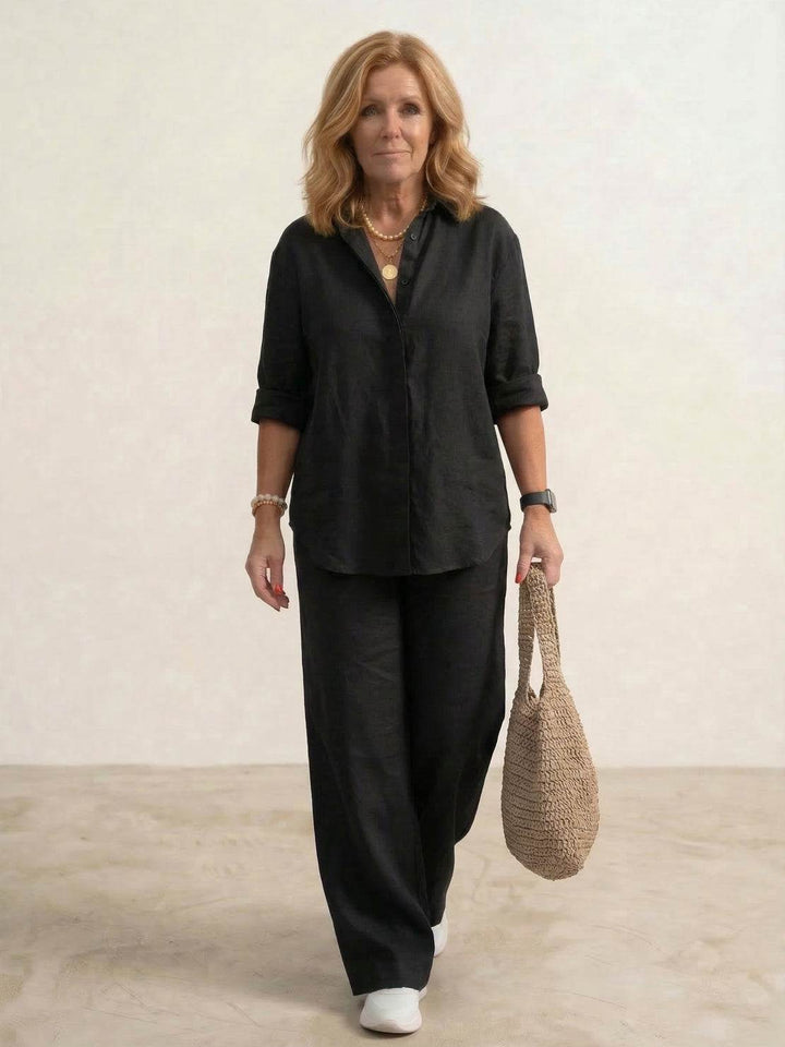Versatile women's two-piece outfit: long-sleeve button-down & wide-leg pants. Casual & stylish.
