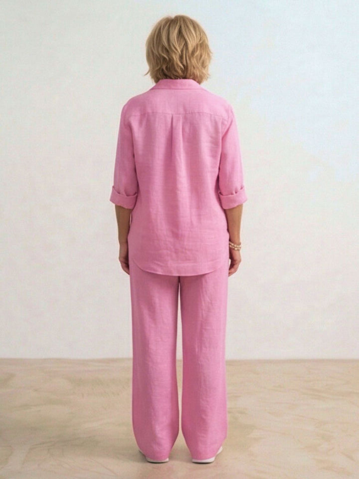 Women's casual two-piece set for work-from-home: button-down shirt & wide-leg pants.