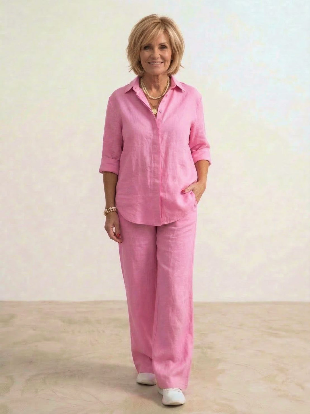 Soft fabric women's casual set, button-down shirt & wide-leg pants, for ultimate comfort & elegance.