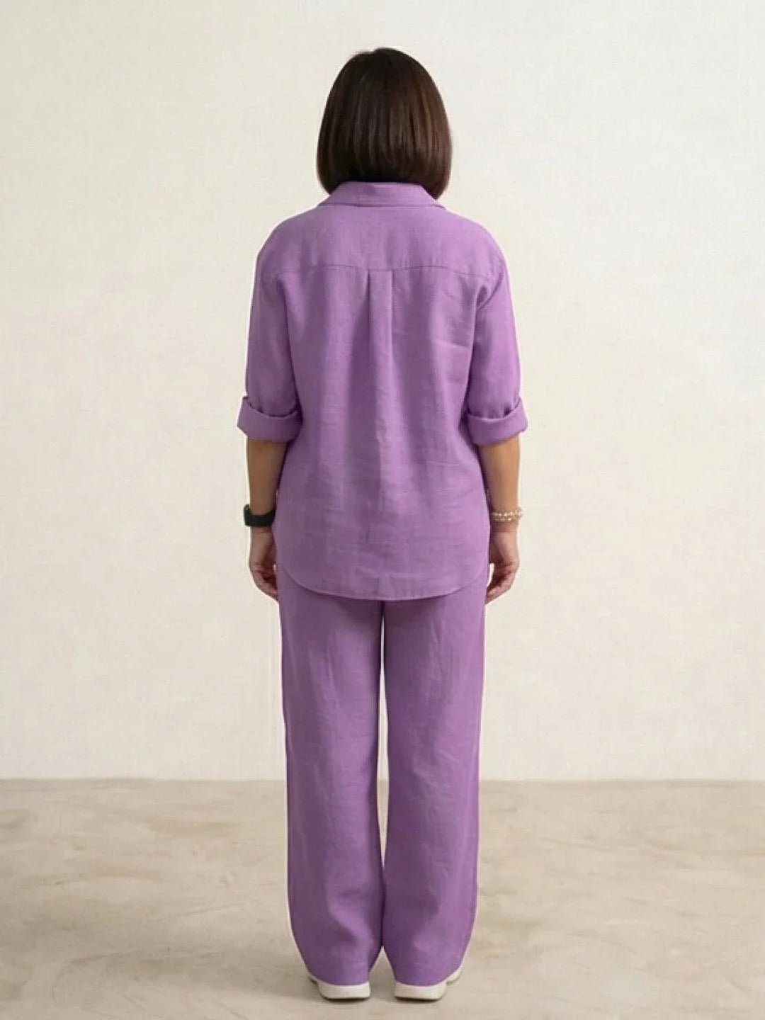 Women's daily wear two-piece set: button-down shirt & wide-leg pants for easy style.