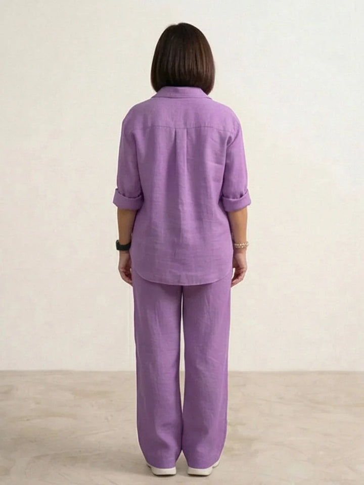 Women's daily wear two-piece set: button-down shirt & wide-leg pants for easy style.