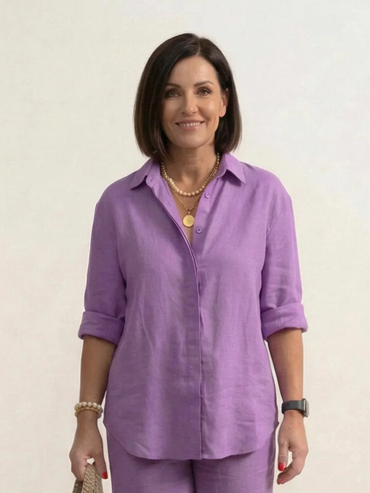 Women's summer casual two-piece set: lightweight button-down shirt & wide-leg pants.