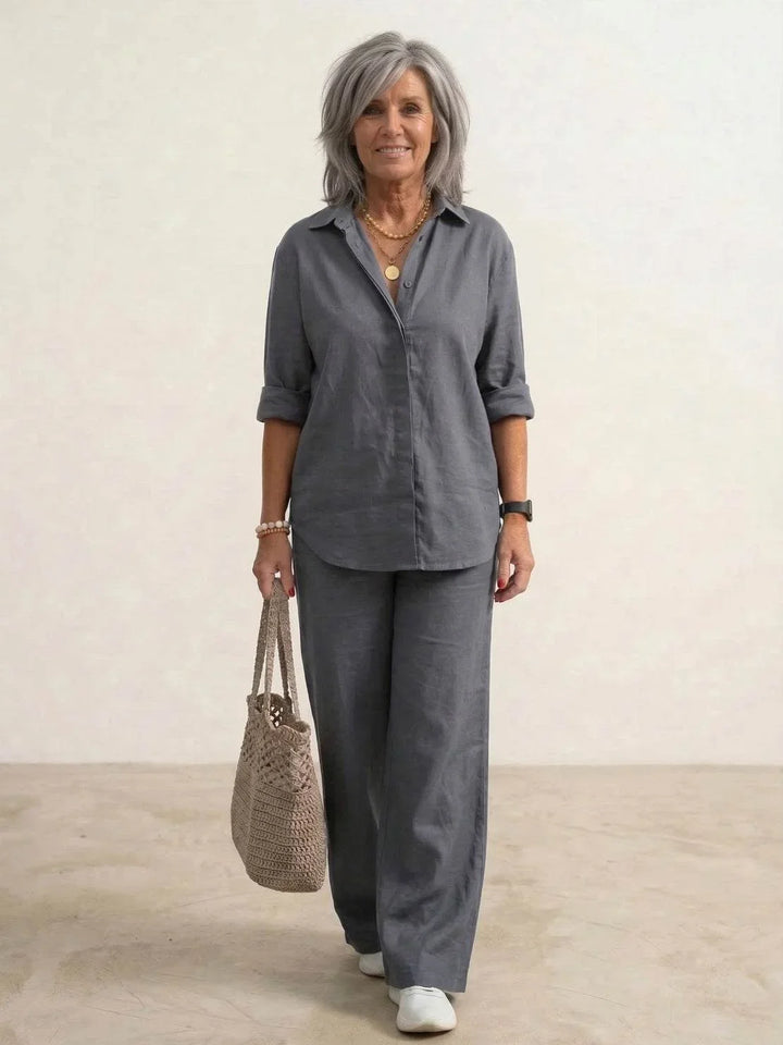 Close-up of a women's button-down shirt from a two-piece casual spring/summer set.