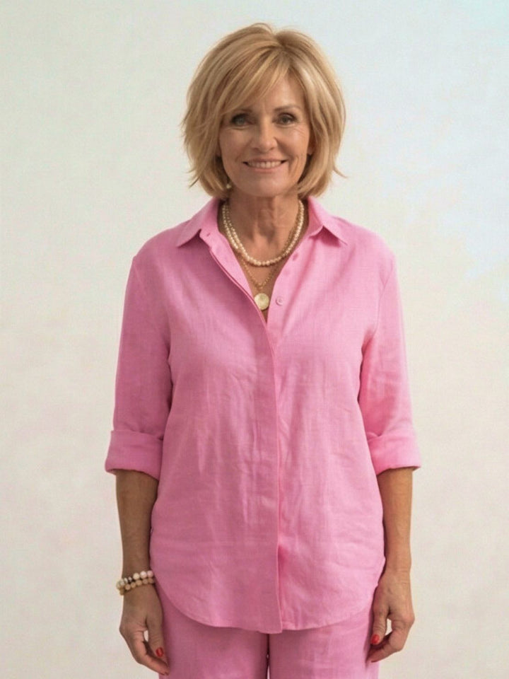 Women's casual set showcasing comfortable button-down shirt & stylish wide-leg pants.