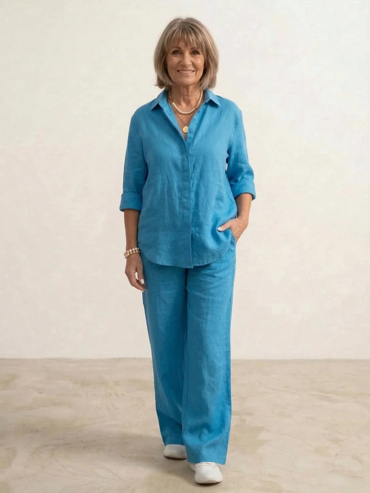 Detail of women's wide-leg pants from a comfortable & elegant two-piece matching set.