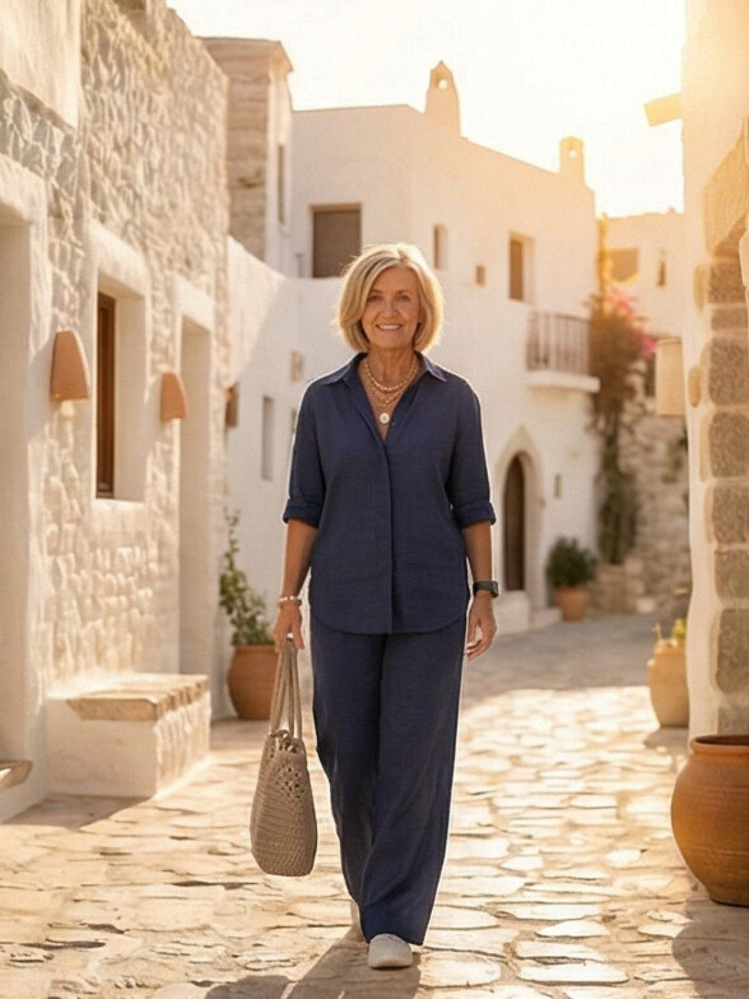 Model showcasing comfortable women's matching set, button-down shirt & wide-leg pants, outdoor scene.