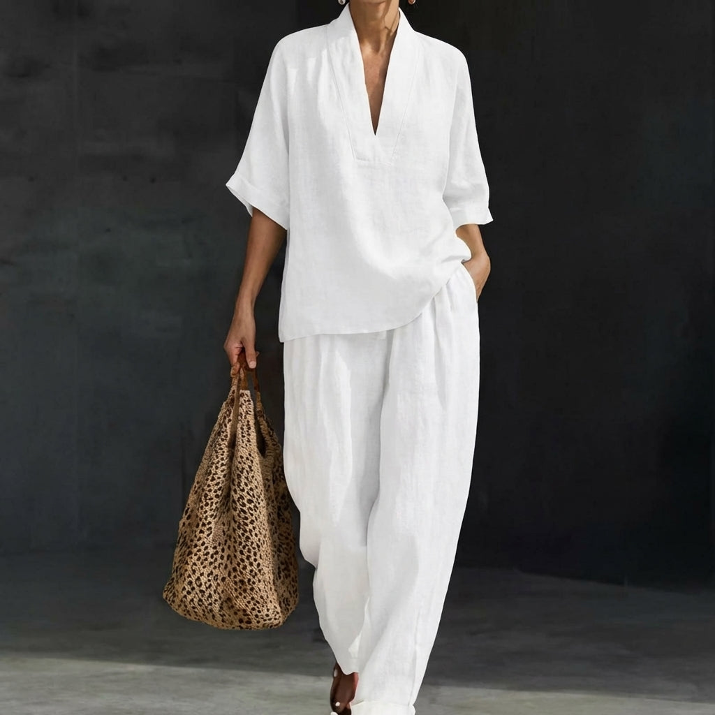 Close-up of the wide-leg pants from a women's casual two-piece summer set, showcasing comfort & style.