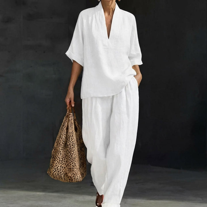 Close-up of the wide-leg pants from a women's casual two-piece summer set, showcasing comfort & style.