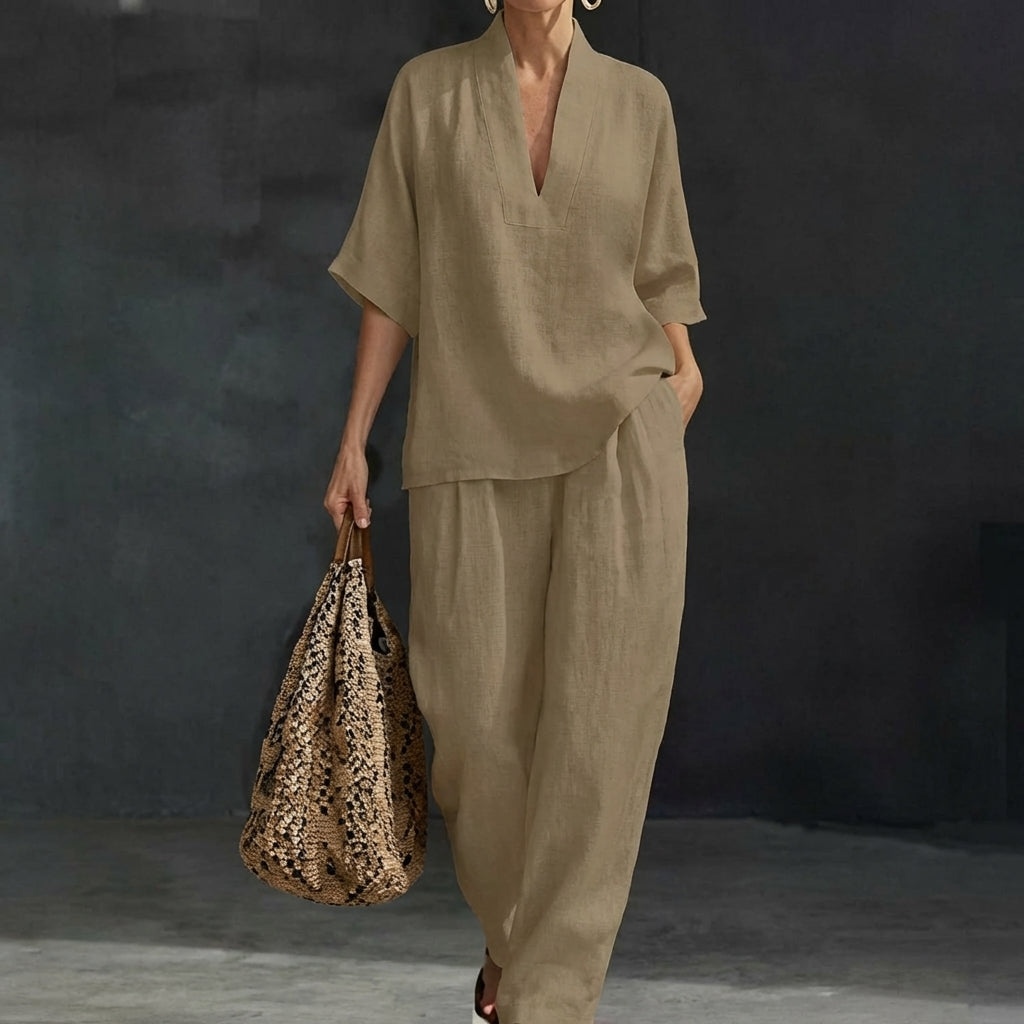 Detail of the casual top from a women's two-piece summer set, designed for comfort & modern style.