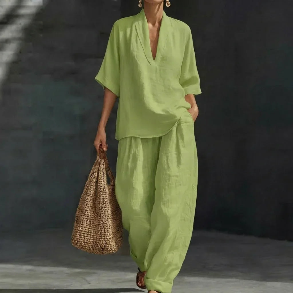 Complete women's two-piece summer set: matching top and wide-leg pants for an effortless, versatile casual outfit.
