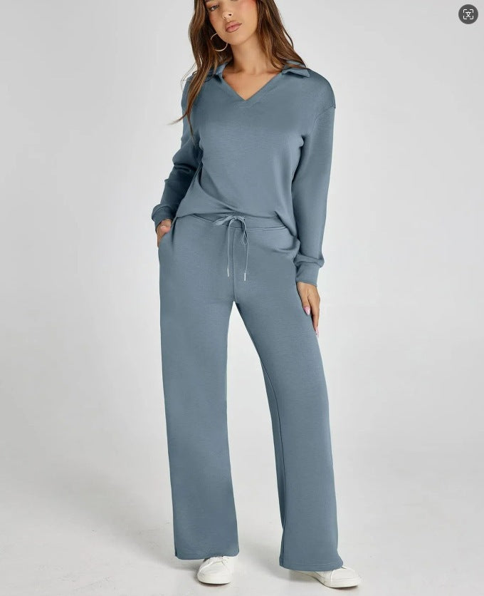 Women's versatile casual two-piece set with zip-neck top & wide-leg pants. Perfect for daily wear & errands.