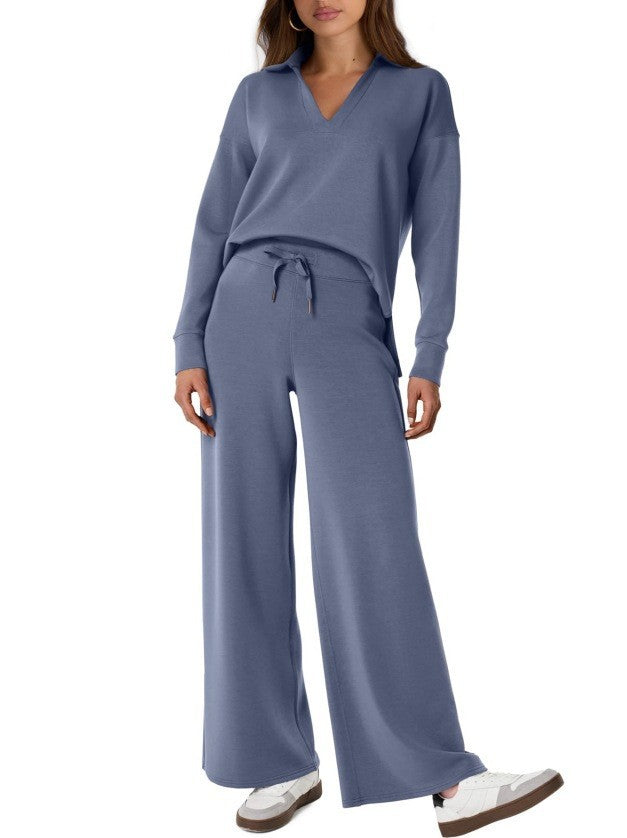 Women's comfortable fall/spring casual two-piece zip-neck top & wide-leg pants set. Great for transition.