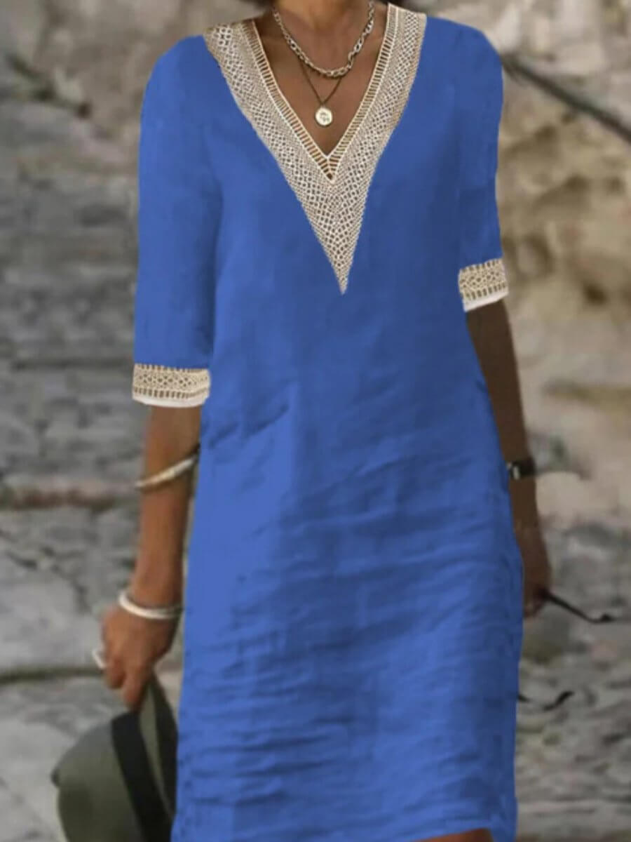 Women's casual V-neck midi dress, perfect for comfortable summer days and versatile everyday style.