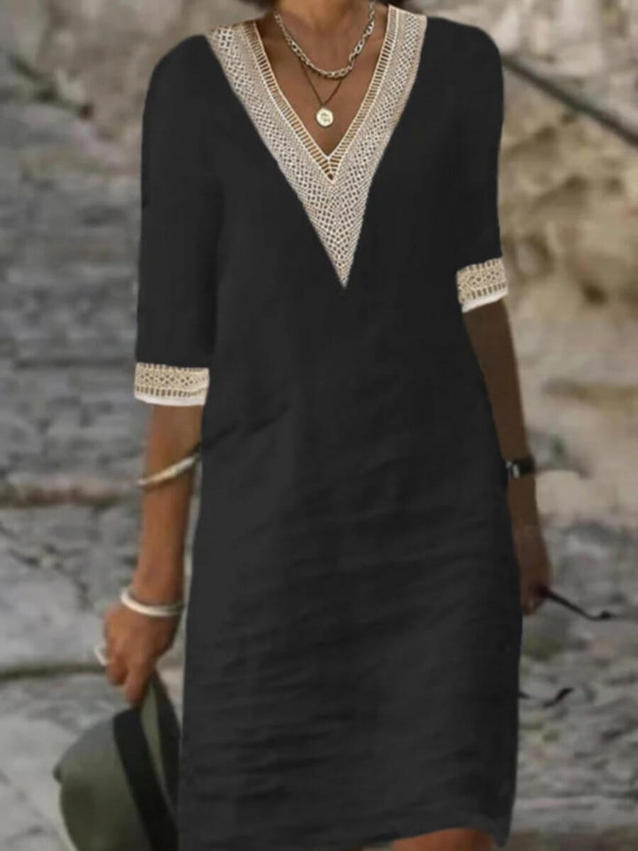 Comfortable women's V-neck summer dress, ideal for casual wear, versatile day events, and ease.