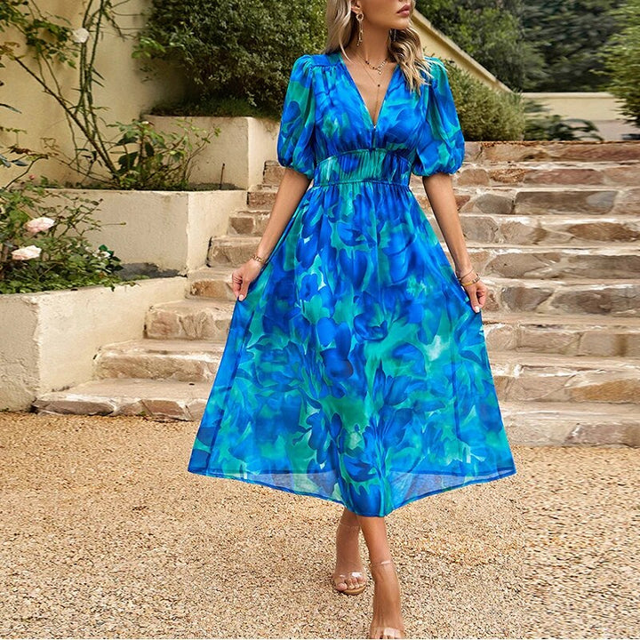 Comfortable women's casual V-neck midi dress, a summer essential for everyday fashion.