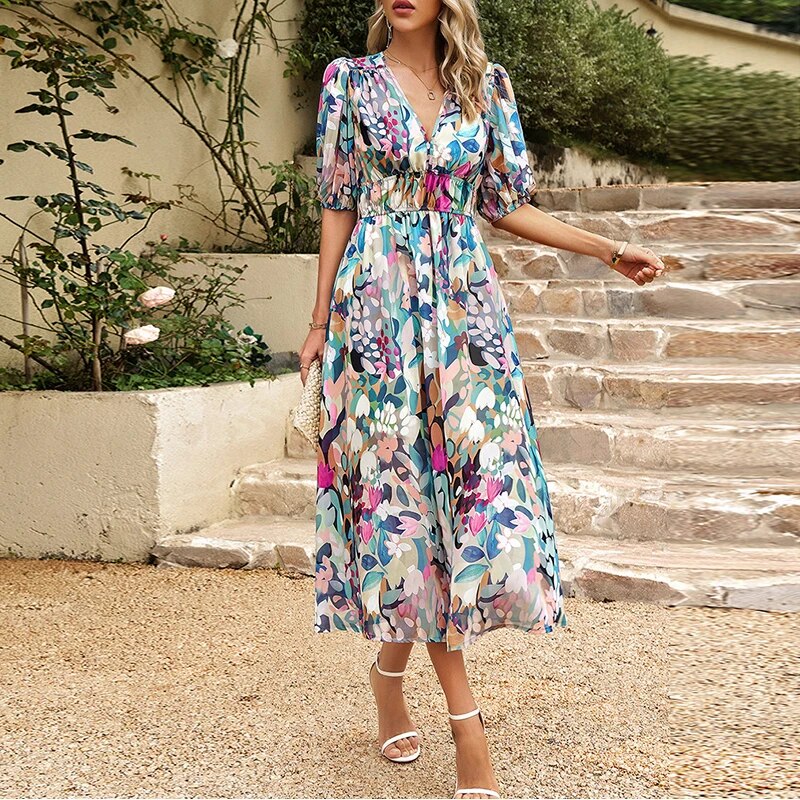 Chic summer V-neck midi dress for women, casual and comfortable with short sleeves.