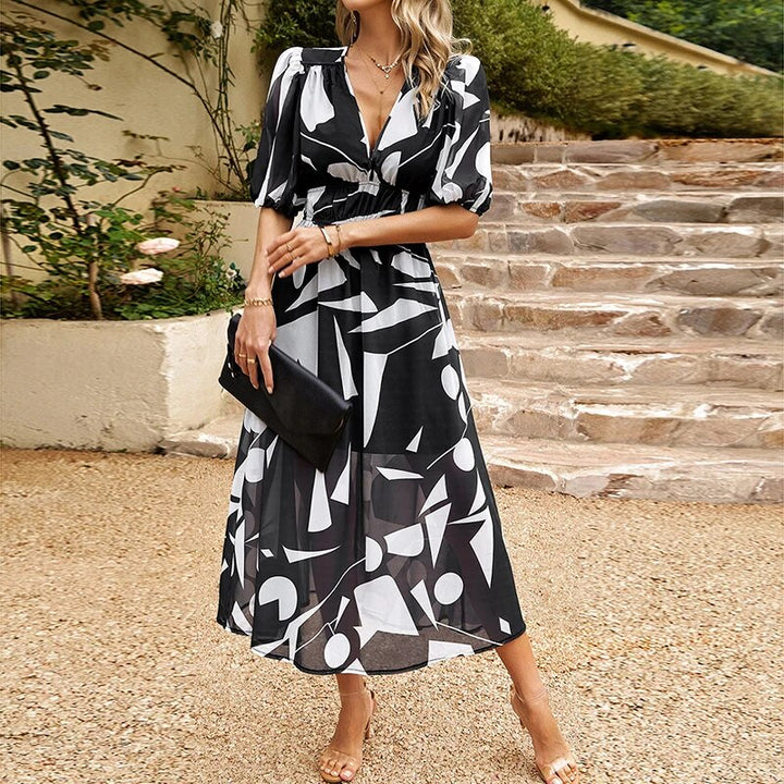 Stylish women's V-neck midi dress, a comfortable and casual choice for summer fashion.