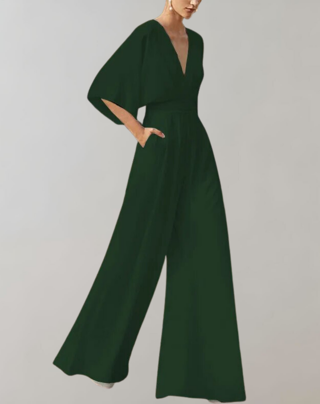 Back view of a women's casual wide leg jumpsuit, emphasizing its relaxed silhouette and comfortable fit.