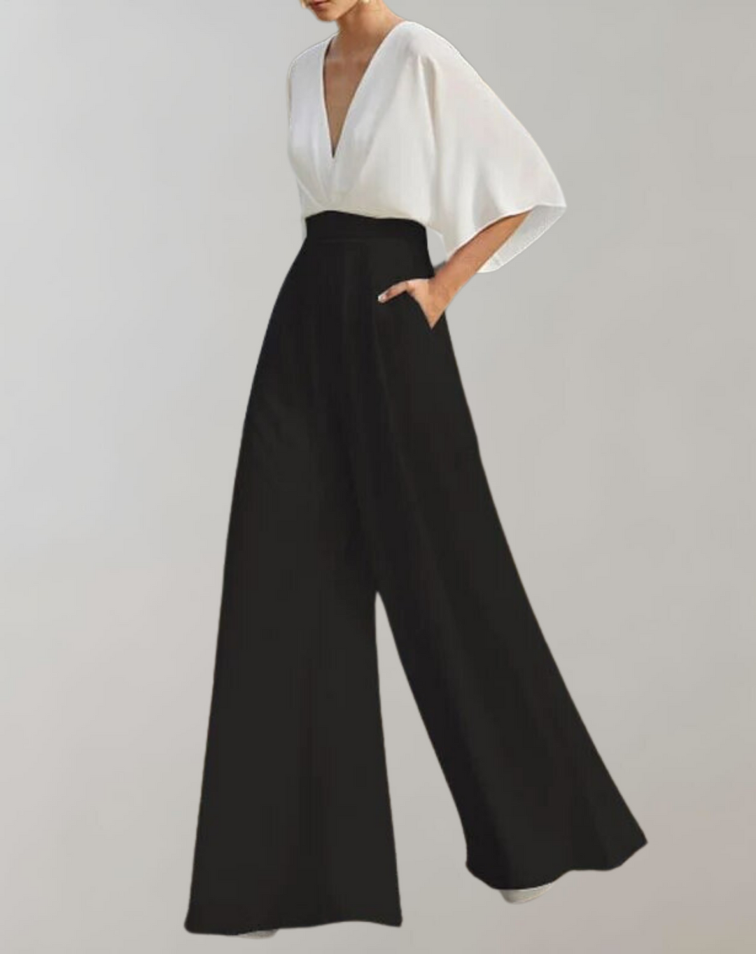 Front view of a women's wide leg jumpsuit, perfect for a casual, comfortable, and fashionable look.