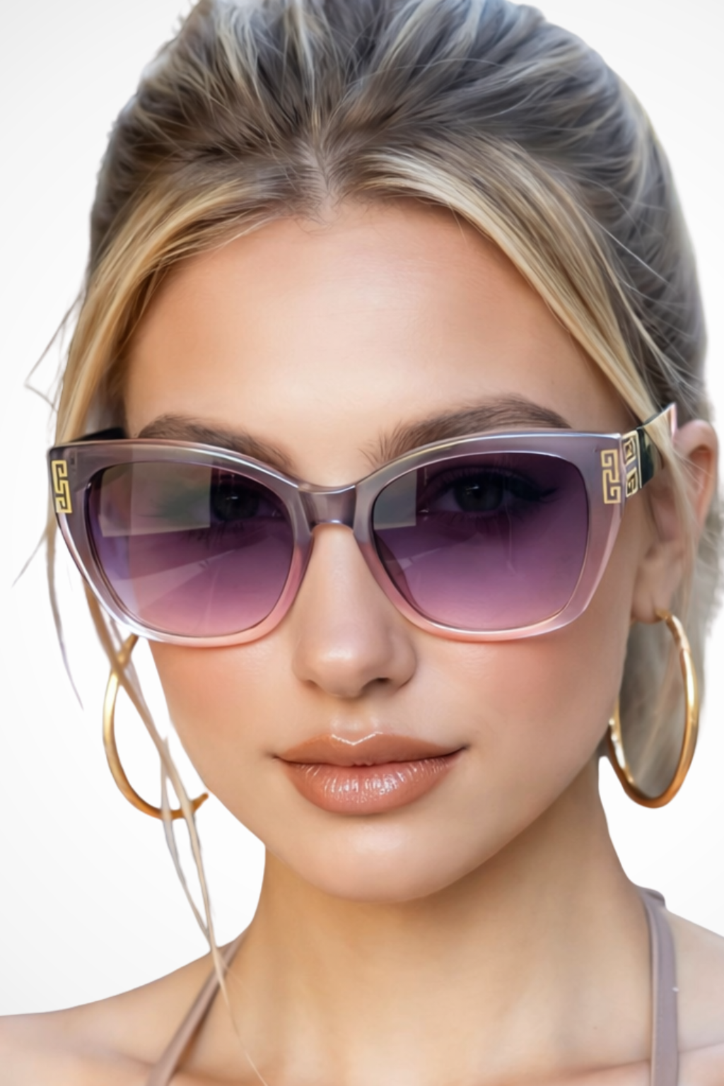 Gold accent cat eye sunglasses for women, stylish eyewear with gradient UV lenses.