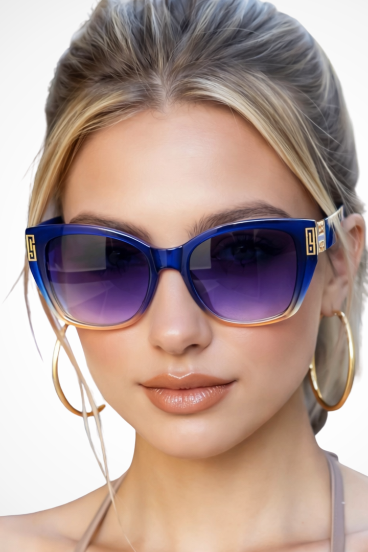 Trendy cat eye sunglasses for women, gold detail frames, gradient lenses, UV blocking eyewear.