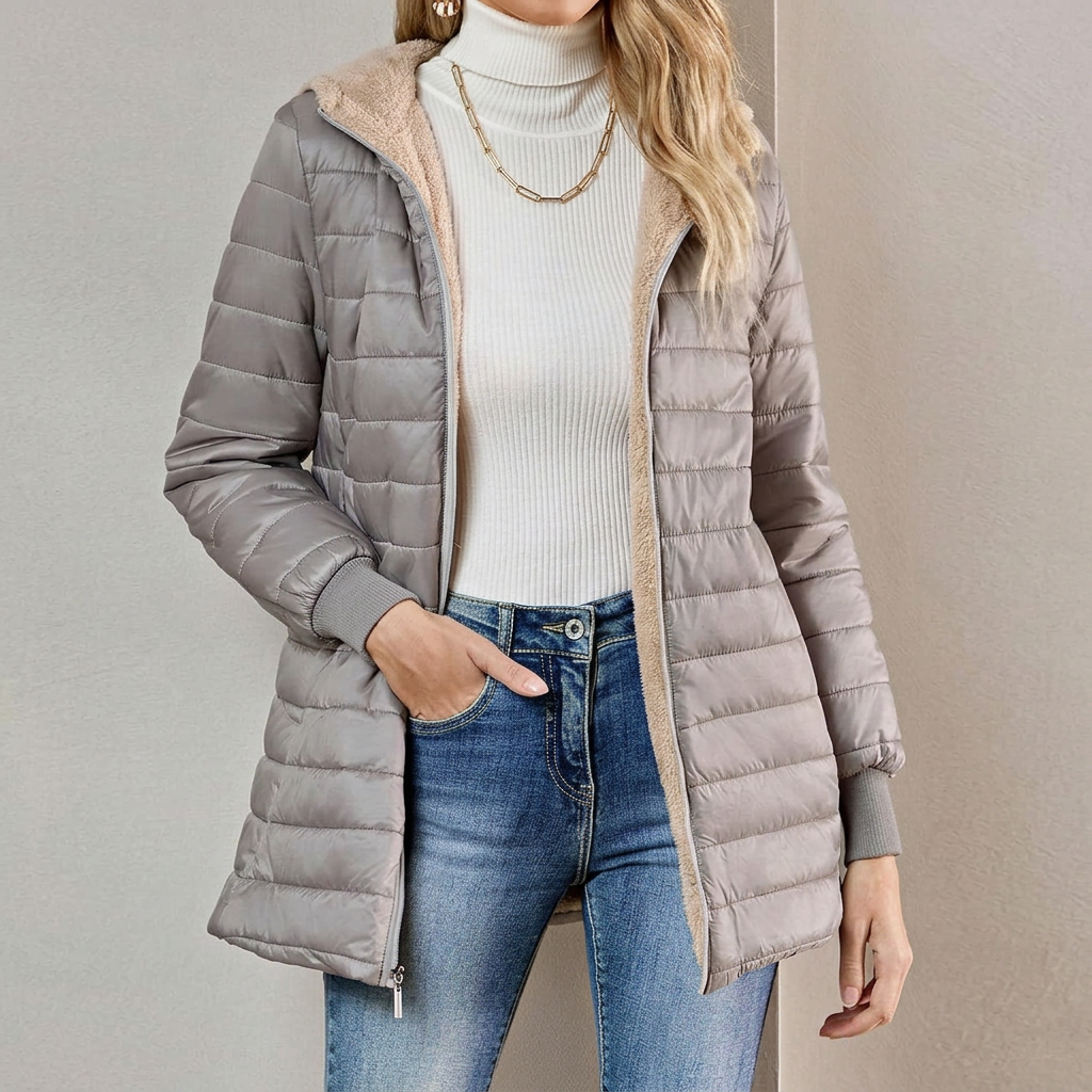 Women's Catriona lightweight quilted hooded longline jacket for fall & spring. Comfortable casual outerwear.