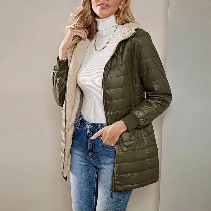 Lightweight women's quilted hooded jacket, ideal transitional outerwear for cool fall & spring days. Comfortable.