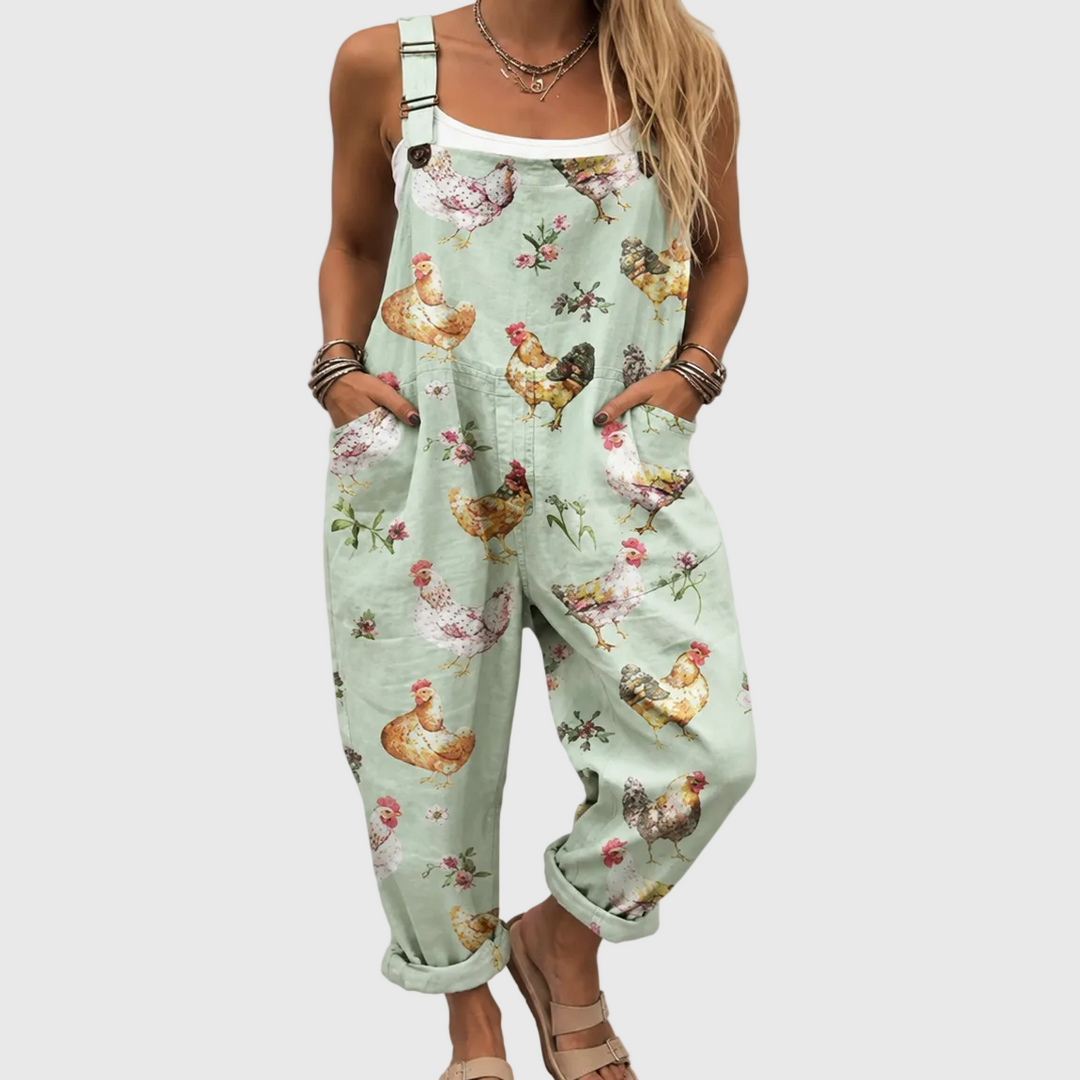 Women's charming pastel chicken print jumpsuit, relaxed fit for comfortable casual summer & spring fashion.