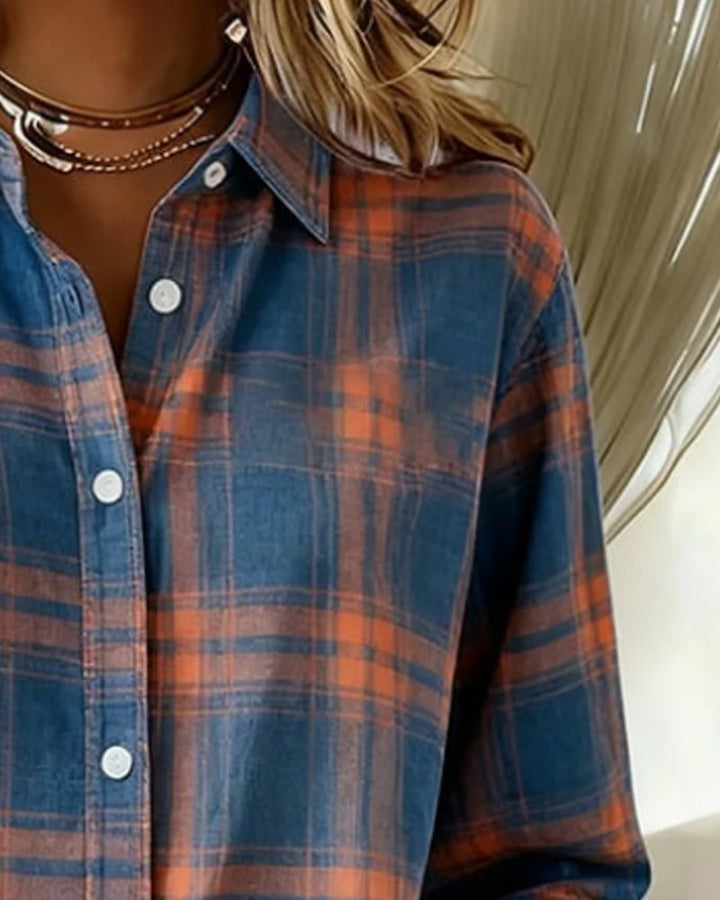 Women's checked long sleeve shirt with buckle detail, perfect for casual wear and spring style.