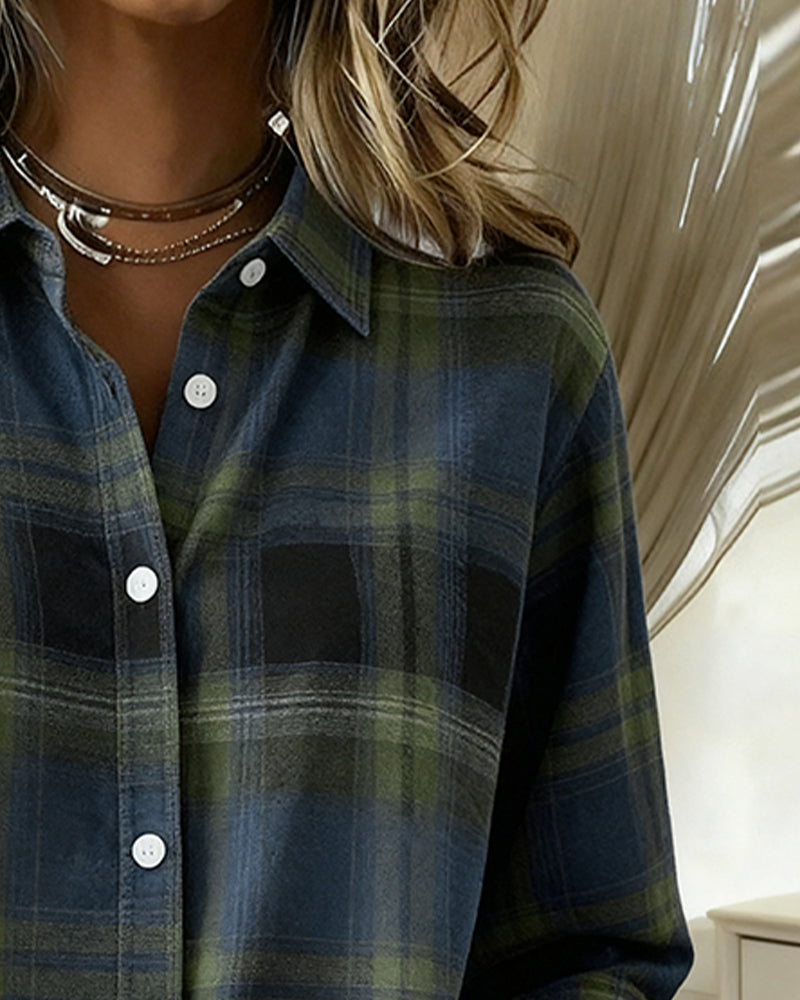 Model wearing a stylish women's long sleeve checked shirt, showcasing everyday fashion.