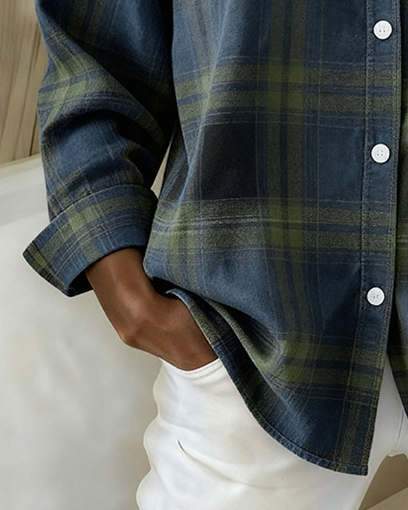 A versatile women's patterned shirt with a button-down collar, ideal for spring style.