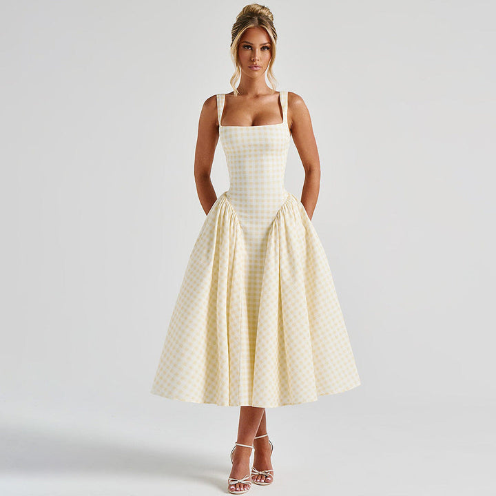Women's checkered midi dress with princess silhouette & square neck, perfect for summer elegance.