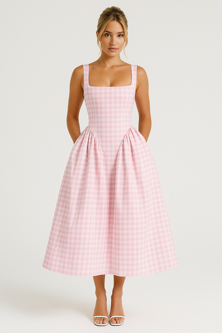 Elegant women's checkered midi dress, princess silhouette, square neck, ideal for party wear or daytime chic.