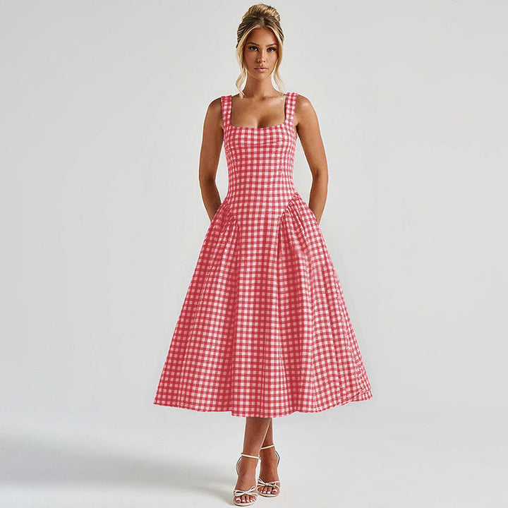 Chic women's checkered midi dress, princess silhouette & square neck, a versatile piece for elegant summer fashion.