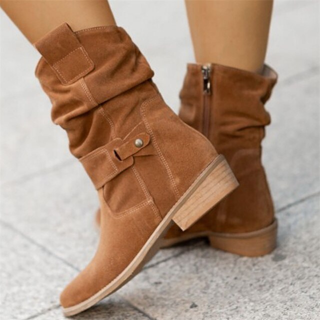 Women's chic ankle slouch boots with buckle detail. Stylish low heel, versatile for fall & winter fashion.