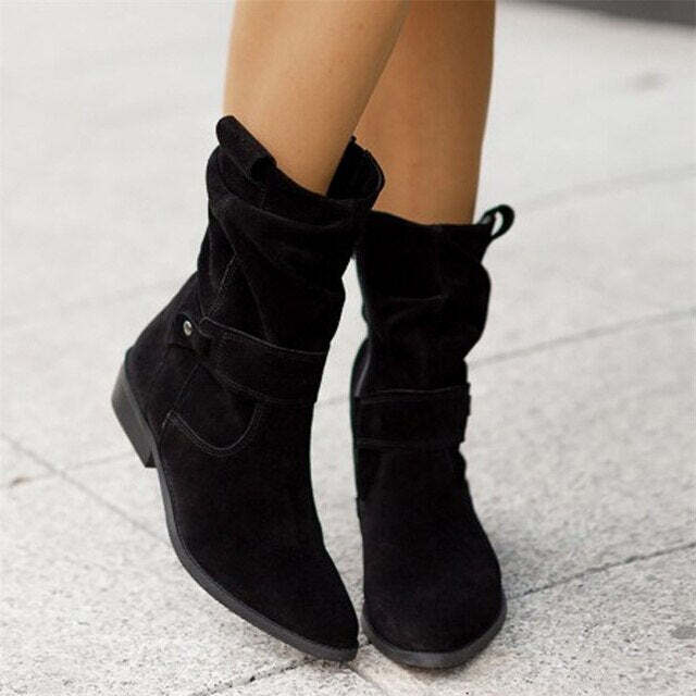 Comfortable women's slouch ankle boots with buckle. Low heel, perfect casual footwear for everyday wear & style.