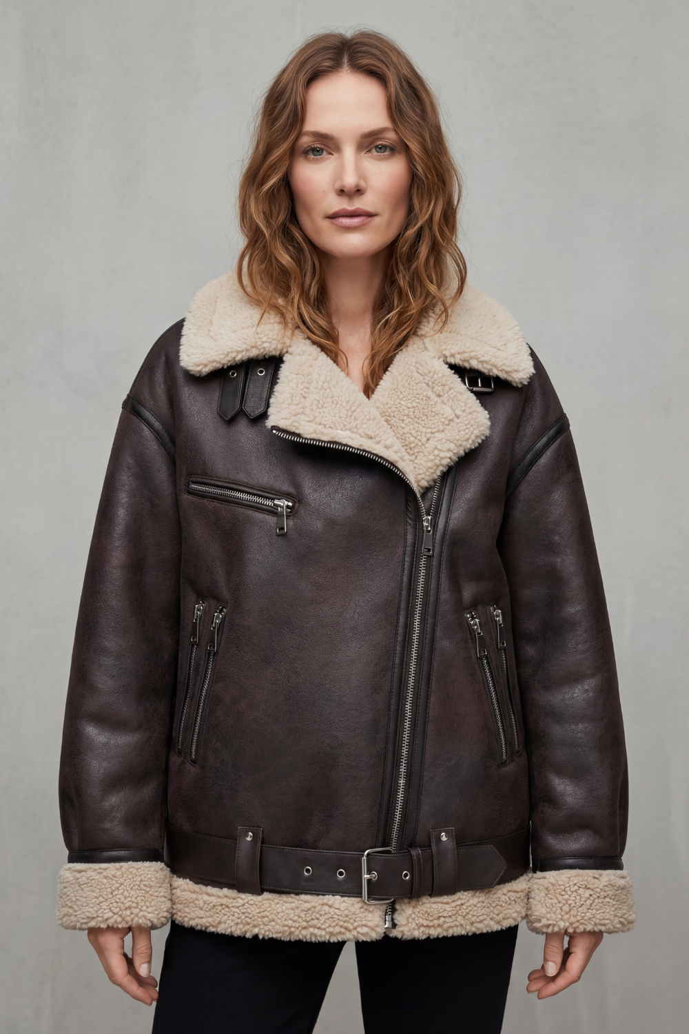 Warm women's belted aviator jacket for cold weather. Features faux fur lining & sturdy belt.
