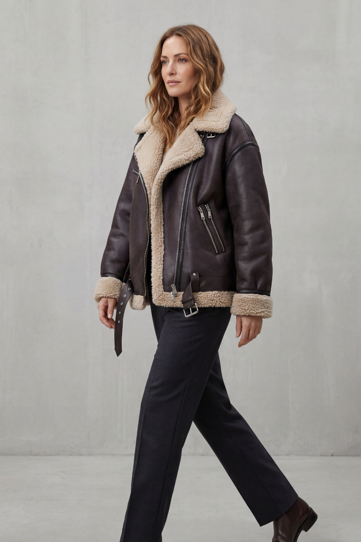 Stylish woman poses in a trendy belted aviator winter jacket, perfect for cold weather fashion.