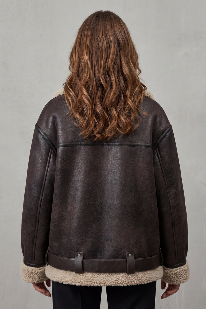 Close-up of the adjustable belt and chic details on a women's warm aviator winter jacket.